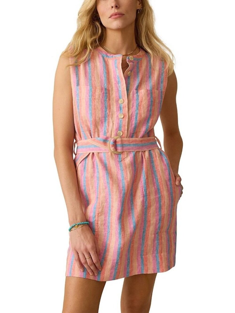 Faherty Women XXL Avalon Dress Cabana Stripe Pink Linen Sleeveless Belt Waist